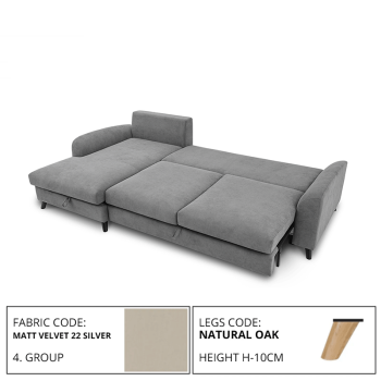 Sofa MERLIN SLEEPING (Left corner, extendable) (MATT VELVET 22 SILVER)